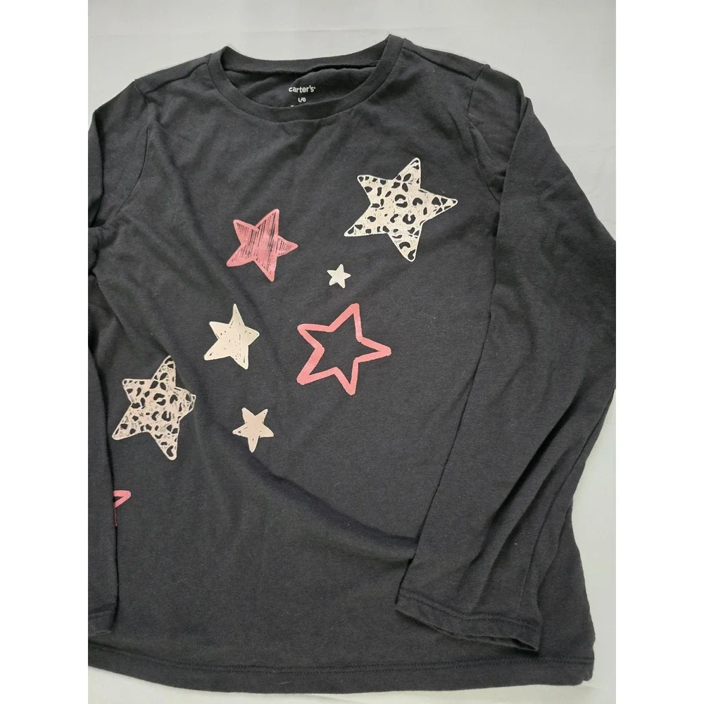 Carters Girls Large Gray Long Sleeve Star Graphic Tee Shirt Leopard Print L/G